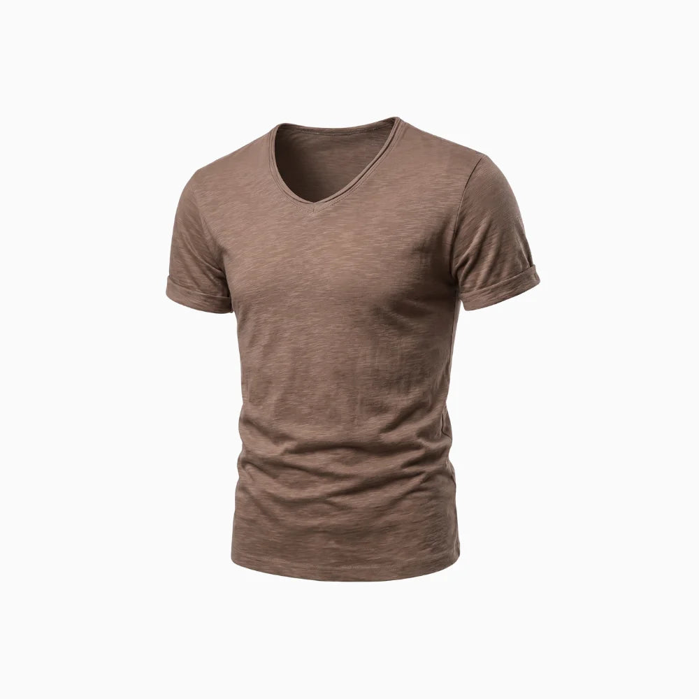 Men's Classic V-Neck T-Shirt with Short Sleeves Slub Texture Straight Fit Everyday Tee-Men's T-shirt-Brown-S-
