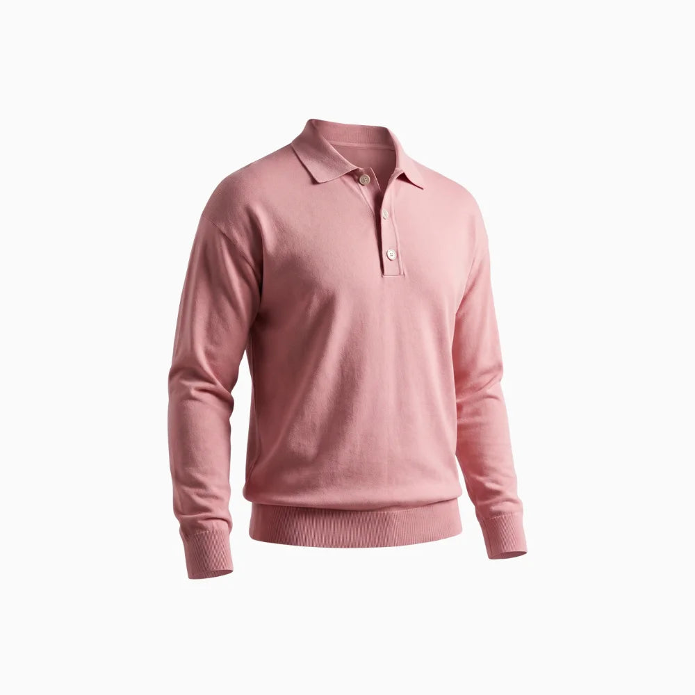 Elvano | Ribbed Polo Shirt for Men - Half Button Long Sleeve Cotton Classic Regular Fit-Men's Sweater-Pink-S-Camoufit
