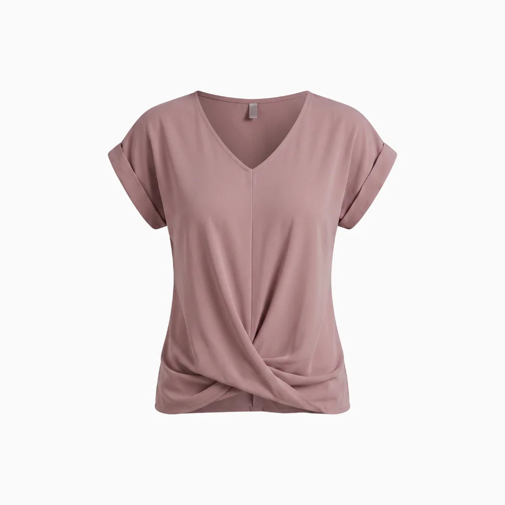 Isola | Blouse for Women - V Neck Short Sleeve Pull On Relaxed Woven Everyday Fit-Women's T-shirt-Pink-S-Camoufit
