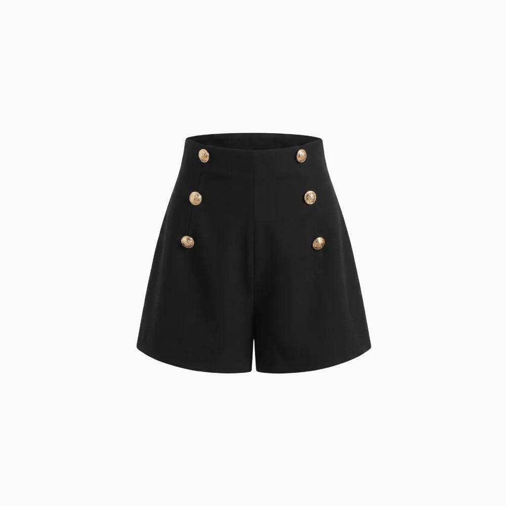 Aléora | High Waist Shorts for Women - Double Breasted Button Tailored Regular Elegant Fit-Women's Shorts-Black-XS-Camoufit