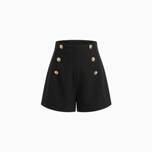 Aléora | High Waist Shorts for Women - Double Breasted Button Tailored Regular Elegant Fit-Women's Shorts-Black-XS-Camoufit