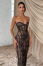 Elysia | Strapless Maxi Dress for Women - Black Floral Lace Corset Lace Up Elegant Fit-Evening Dress-S-Camoufit