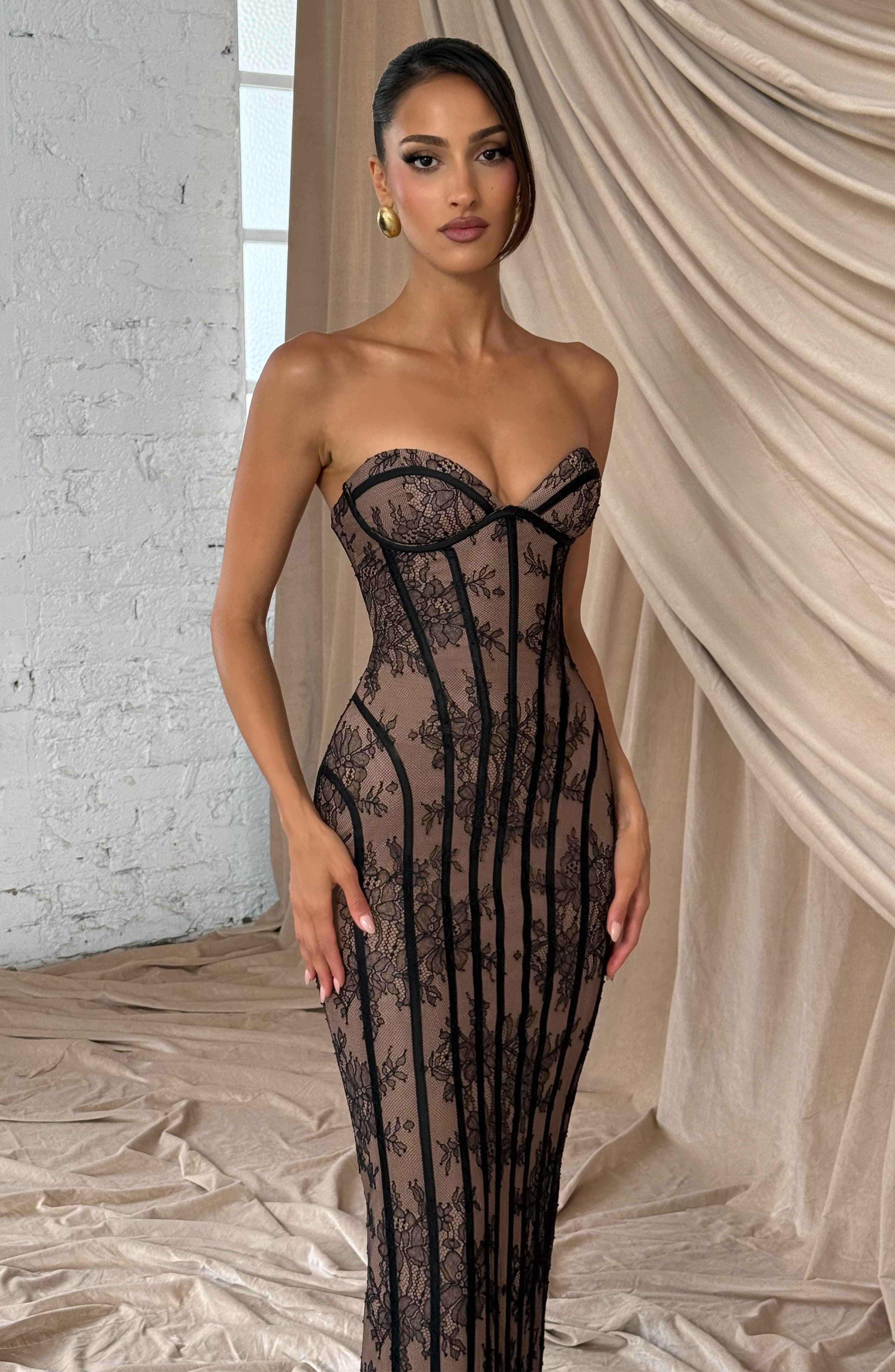 Elysia | Strapless Maxi Dress for Women - Black Floral Lace Corset Lace Up Elegant Fit-Evening Dress-S-Camoufit