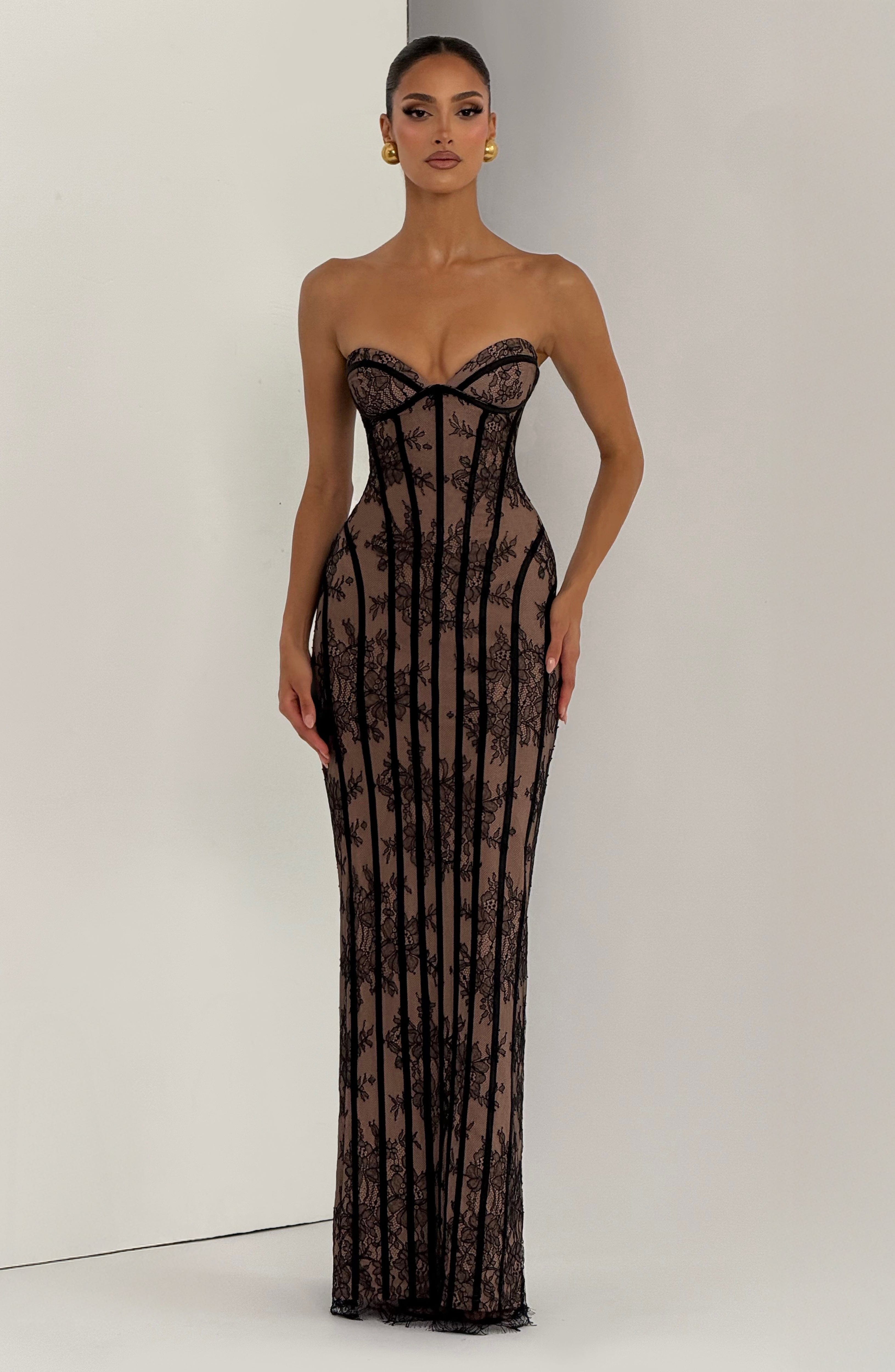 Elysia | Strapless Maxi Dress for Women - Black Floral Lace Corset Lace Up Elegant Fit-Evening Dress-S-Camoufit