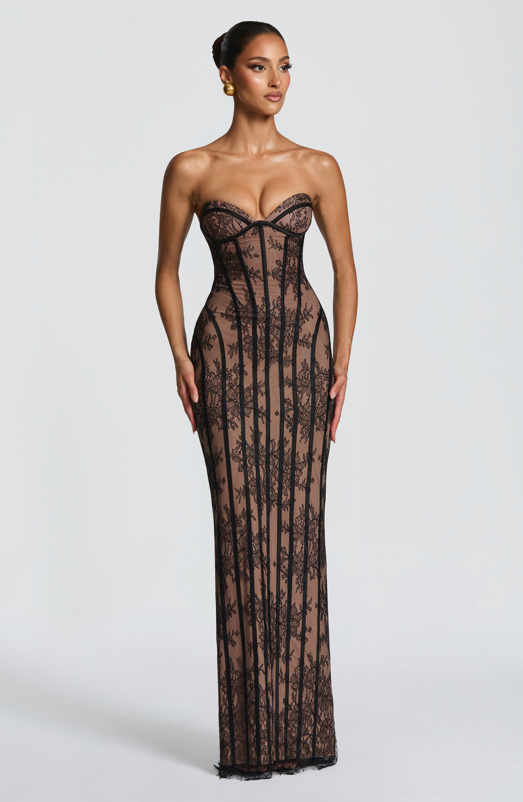Elysia | Strapless Maxi Dress for Women - Black Floral Lace Corset Lace Up Elegant Fit-Evening Dress-S-Camoufit