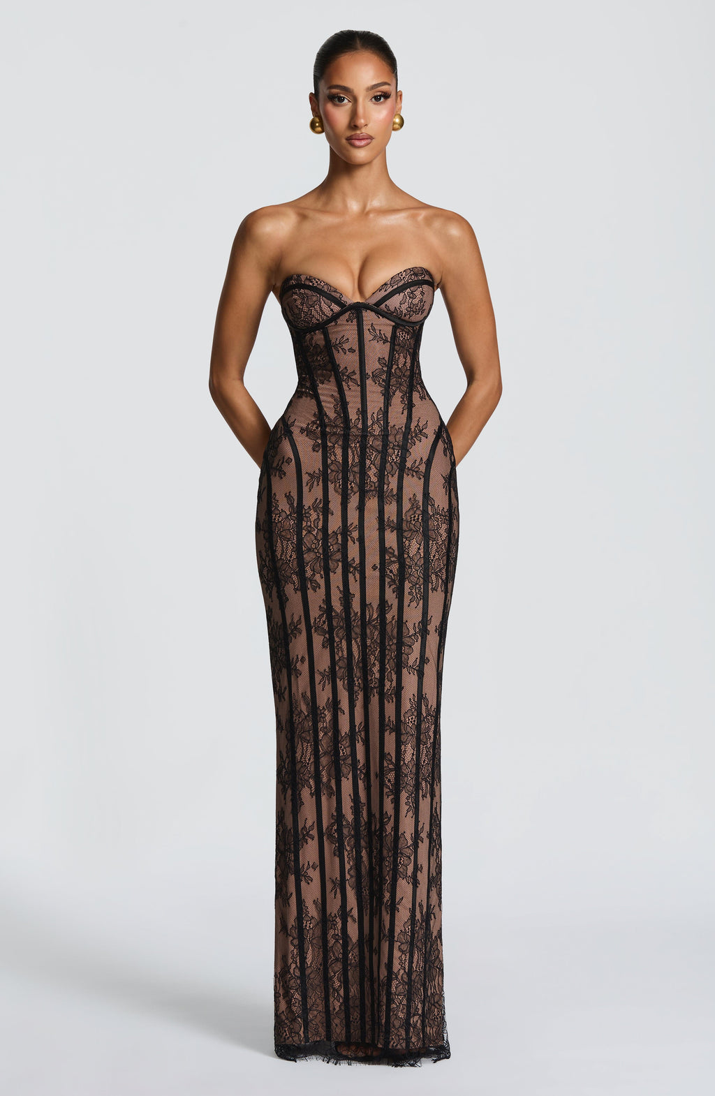 Elysia | Strapless Maxi Dress for Women - Black Floral Lace Corset Lace Up Elegant Fit-Evening Dress-S-Camoufit