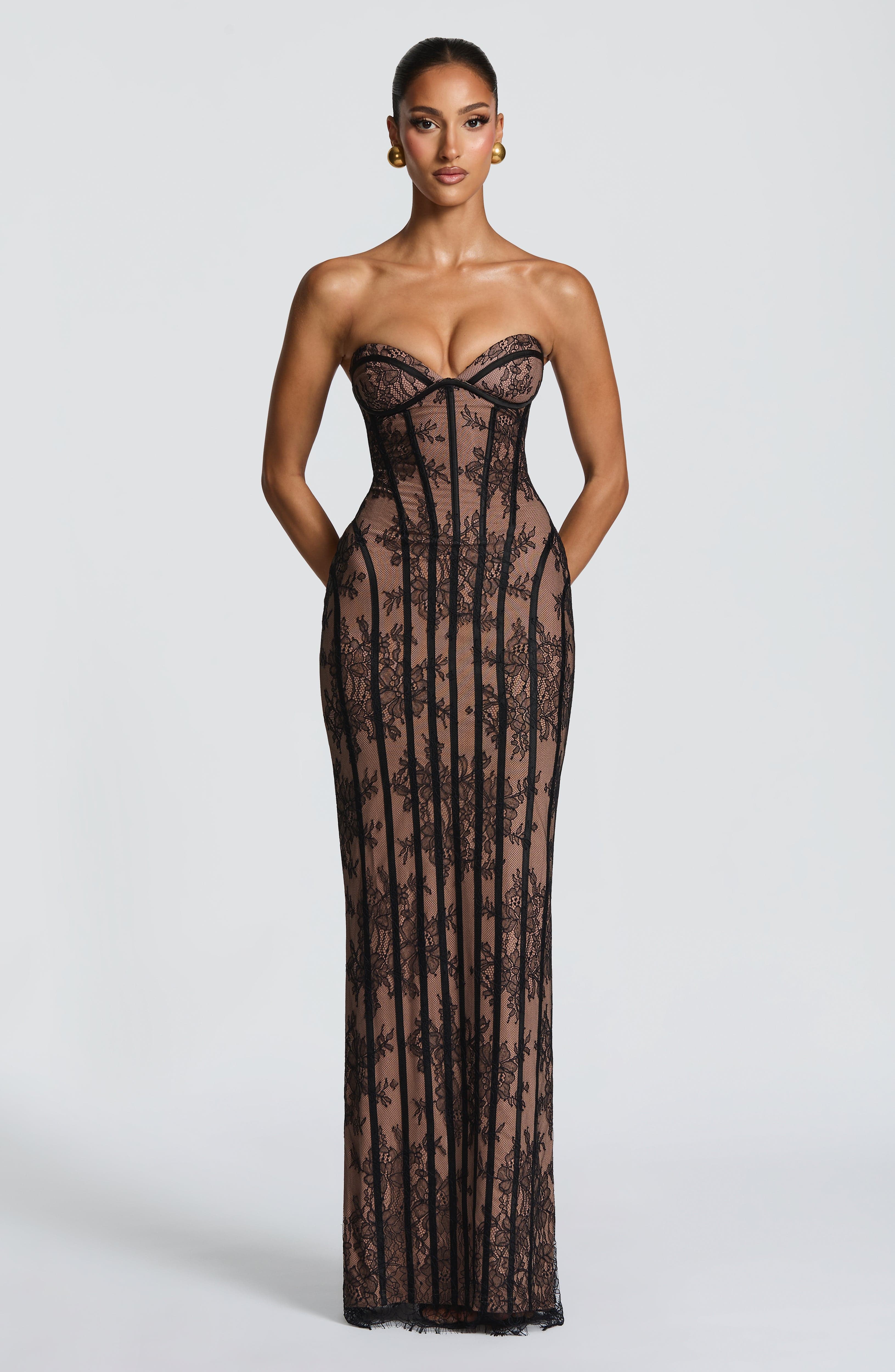 Elysia | Strapless Maxi Dress for Women - Black Floral Lace Corset Lace Up Elegant Fit-Evening Dress-S-Camoufit