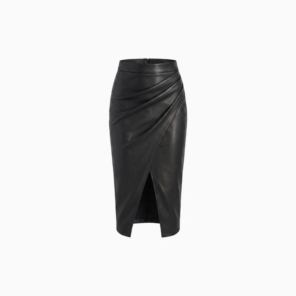 Amélis | Wrapped Midi Skirt for Women - Draped Front Slit Regular Elegant Fit-Women's Skirt-Black-XS-Camoufit