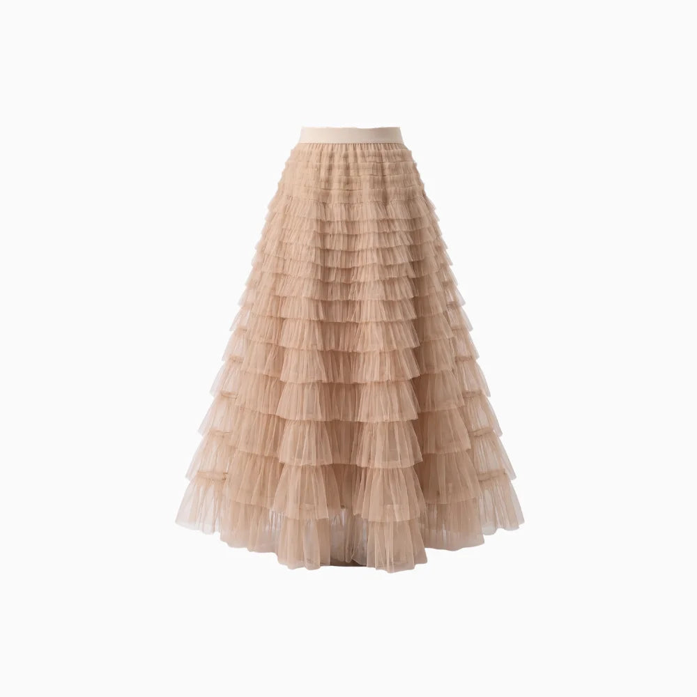 Odalys | Elegant Tulle Midi Skirt for Women - Flowy Layered Semi-Sheer Regular Fit-Women's Skirt-Pink-S-Camoufit