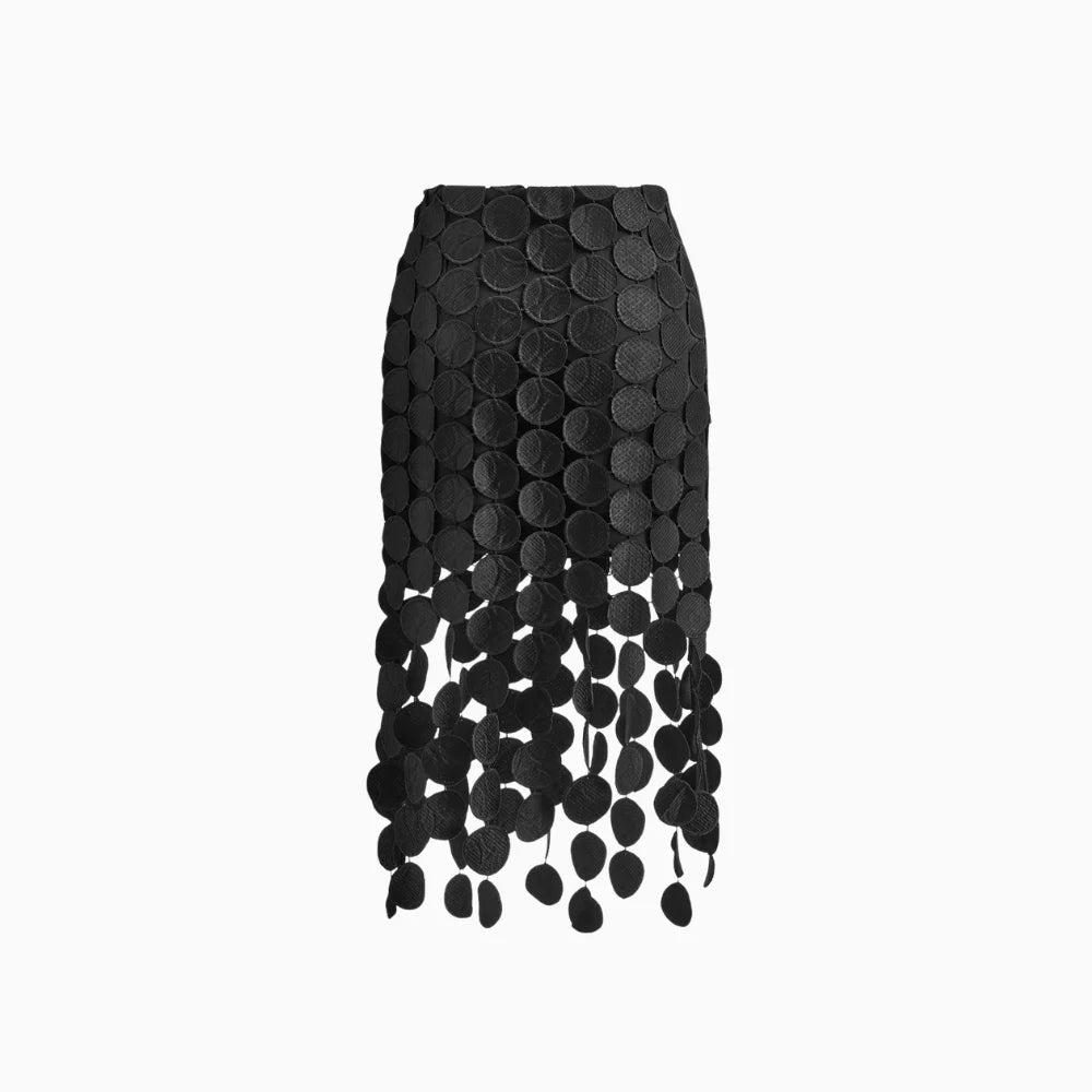 Elyra | Laser Cut Midi Skirt for Women - Black Circular Cutout Jacquard High Waist Elegant Fit-Women's Skirt-Black-XS-Camoufit
