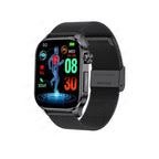 Black smartwatch with AMOLED screen and black mesh strap, side button and crown