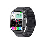 Black smartwatch with AMOLED screen and black metal link strap, side crown and buttons
