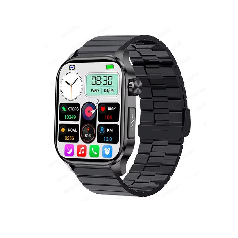 Black smartwatch with AMOLED screen and black metal link strap, side crown and buttons