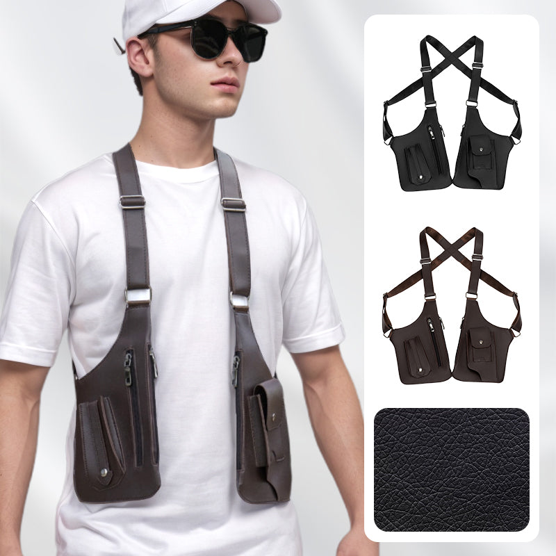 Brown underarm holster bag with X-back straps, two pouches, adjustable buckles