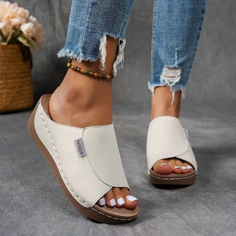 Fiora | Wedge Slide Sandals for Women - Open Toe Platform Wide Strap Regular Summer Fit-Women's Sandals-White-3-Camoufit