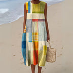 Soléa | Striped Patchwork Midi Dress for Women - Relaxed Flowy Vacation Fit-Dresses-Multicolour-XS-Camoufit