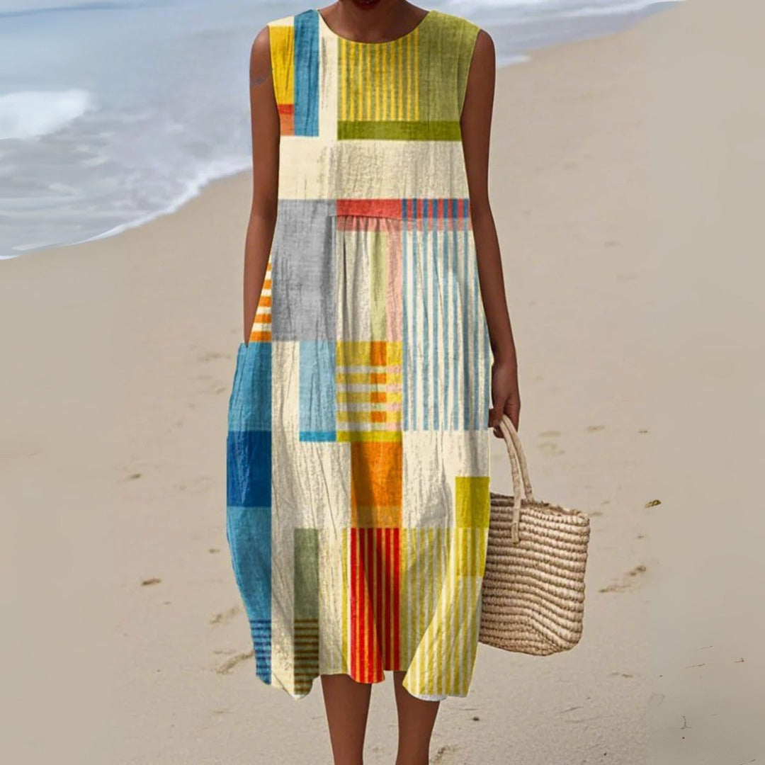 Soléa | Striped Patchwork Midi Dress for Women - Relaxed Flowy Vacation Fit-Dresses-Multicolour-XS-Camoufit