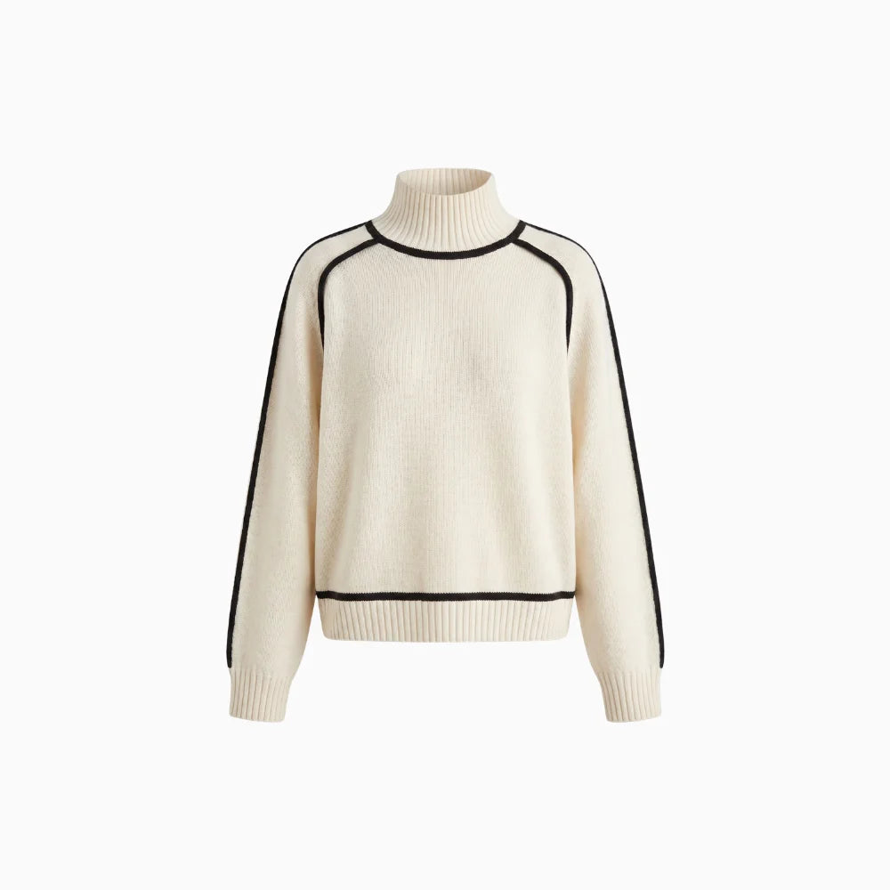 Velina | Women's Relaxed Knit Turtleneck Skivvy Jumper Ribbed Contrast Piping Cosy Pullover-Women's Sweater-Brown-XS-