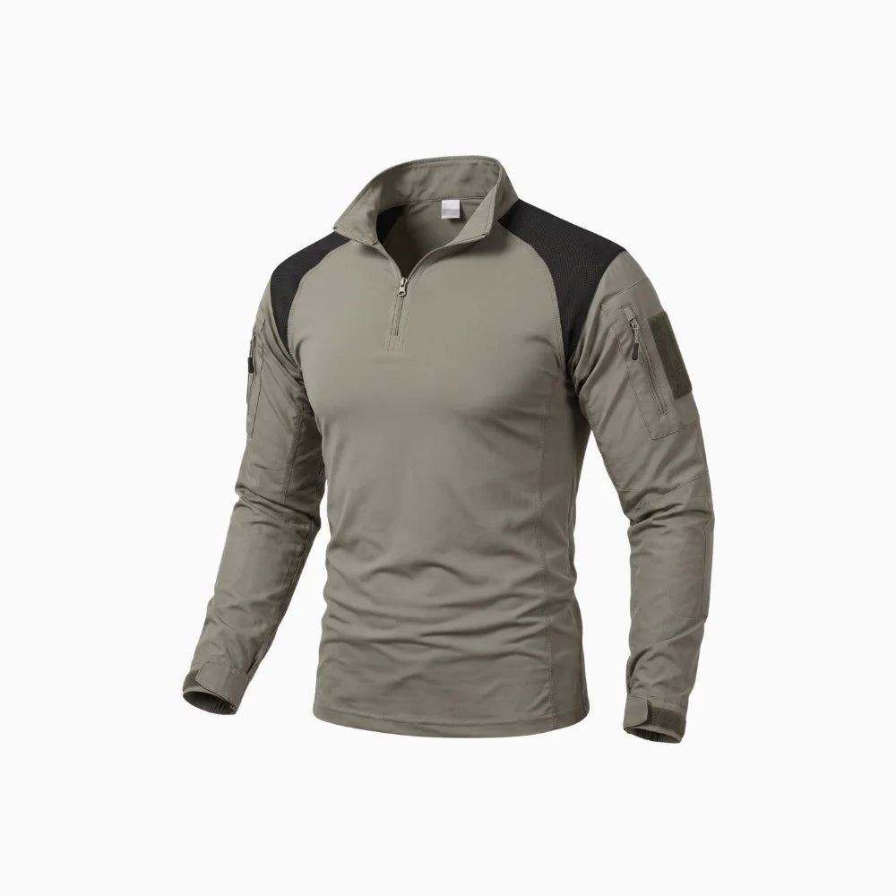 Elvano | Combat Shirt for Men - Long Sleeve Mesh Vent Zip Guard Nylon Stretch Tactical Fit-Tactical Top-Khaki-M-Camoufit