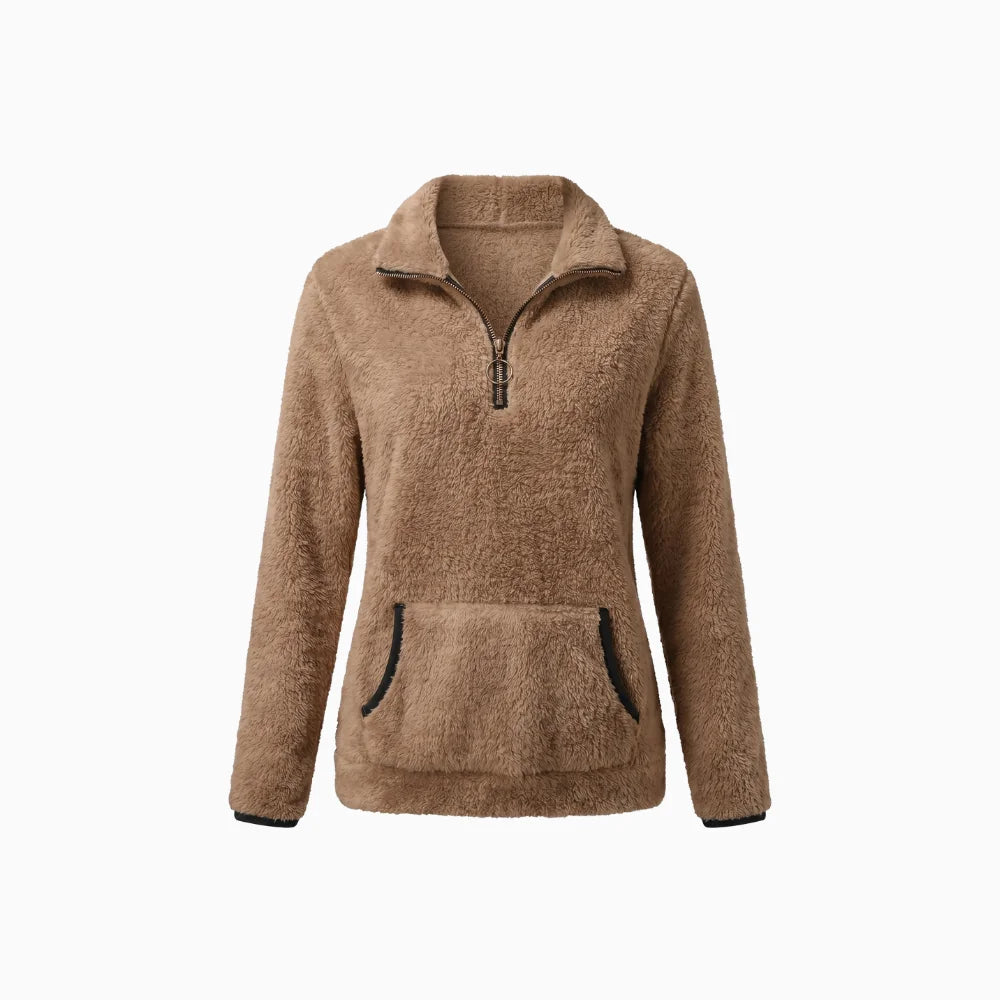 Vireya | Women's Half Zip Fleece Pullover Teddy Jumper Kangaroo Pocket Cosy Relaxed Sweater-Women's Sweater-Brown-S-