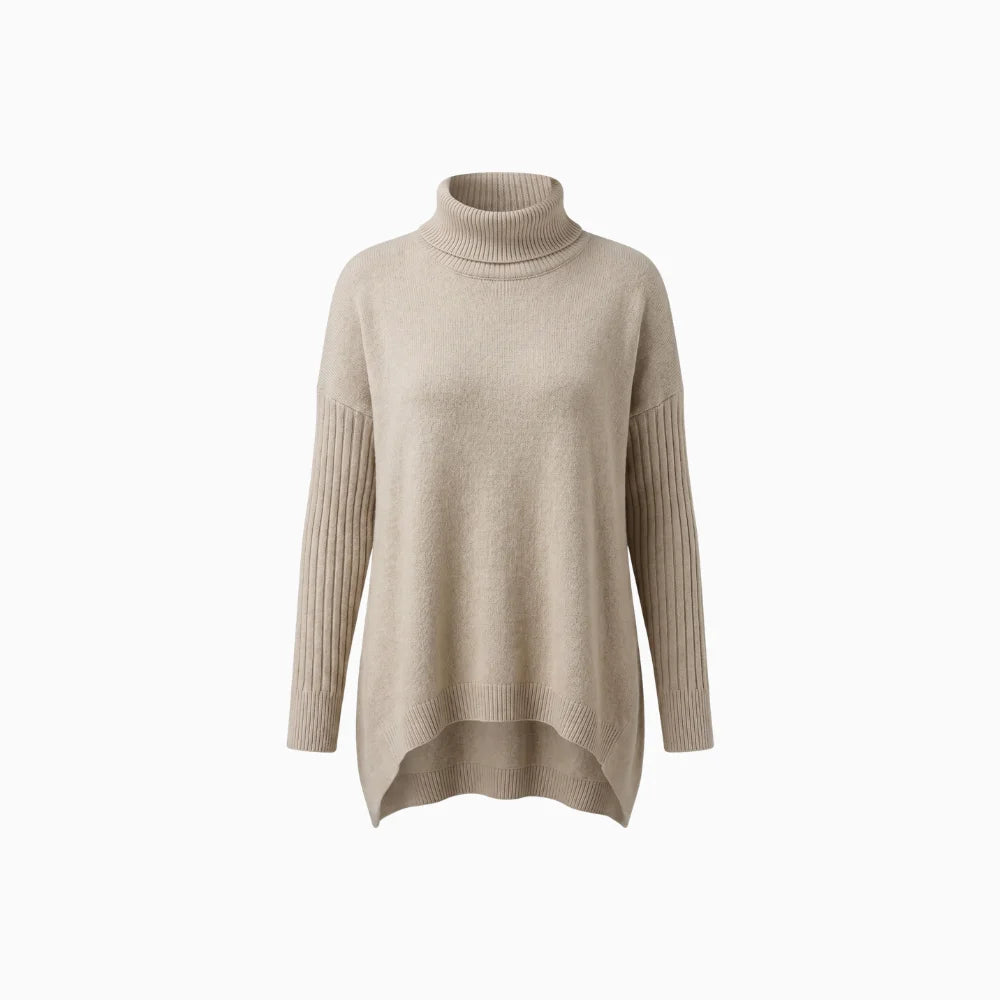 Vessia | Women's Oversized Turtleneck Skivvy Jumper Asymmetrical Hem Ribbed Sleeves Cosy Pullover-Women's Knitted Sweater-Beige-S-