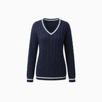Avenza | Women's V-Neck Cable Knit Jumper Long Sleeve Striped Trim Cosy Preppy Pullover Sweater-Women's Sweater-Navy Blue-S-