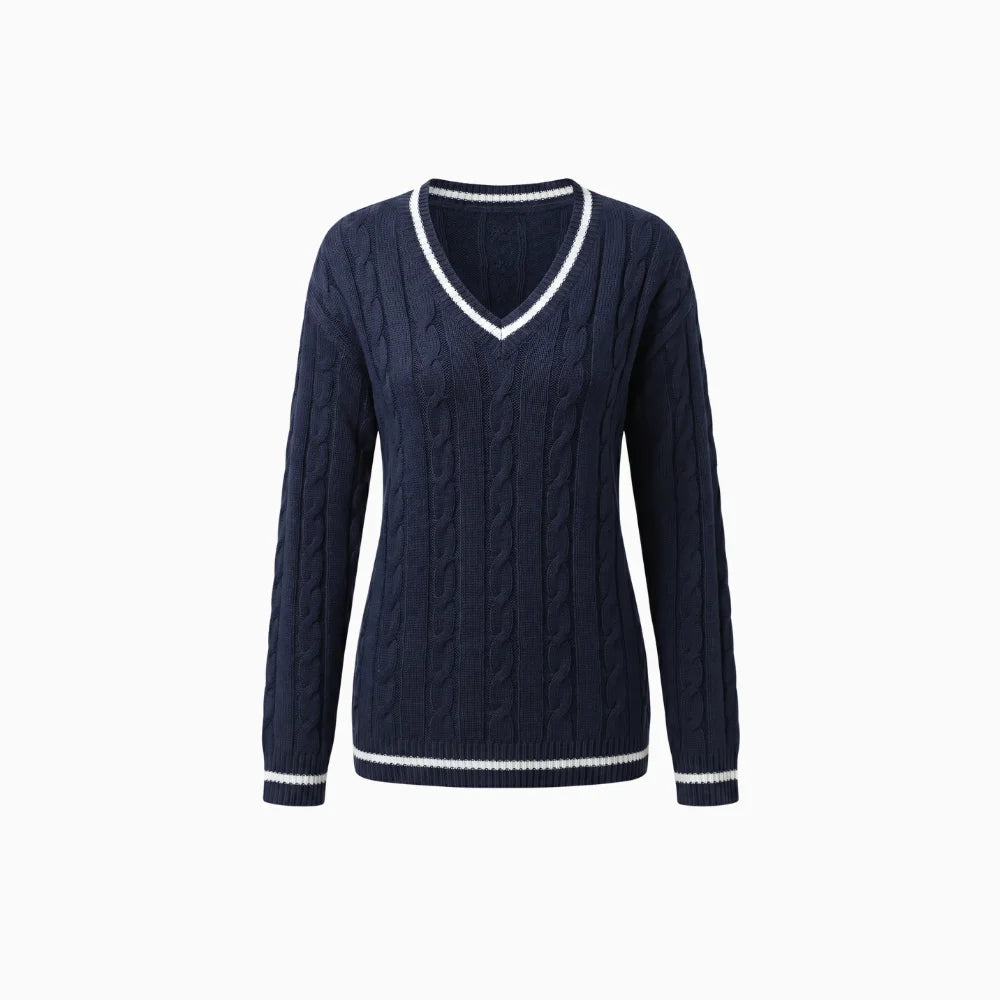 Avenza | Women's V-Neck Cable Knit Jumper Long Sleeve Striped Trim Cosy Preppy Pullover Sweater-Women's Sweater-Navy Blue-S-