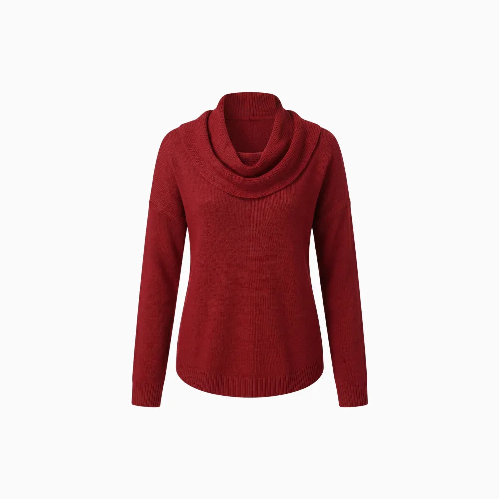 Elunara | Women's Jumper with Draped Collar Soft Cotton Blend Relaxed Fit Cosy Knit Pullover-Women's Sweater-Red-S-