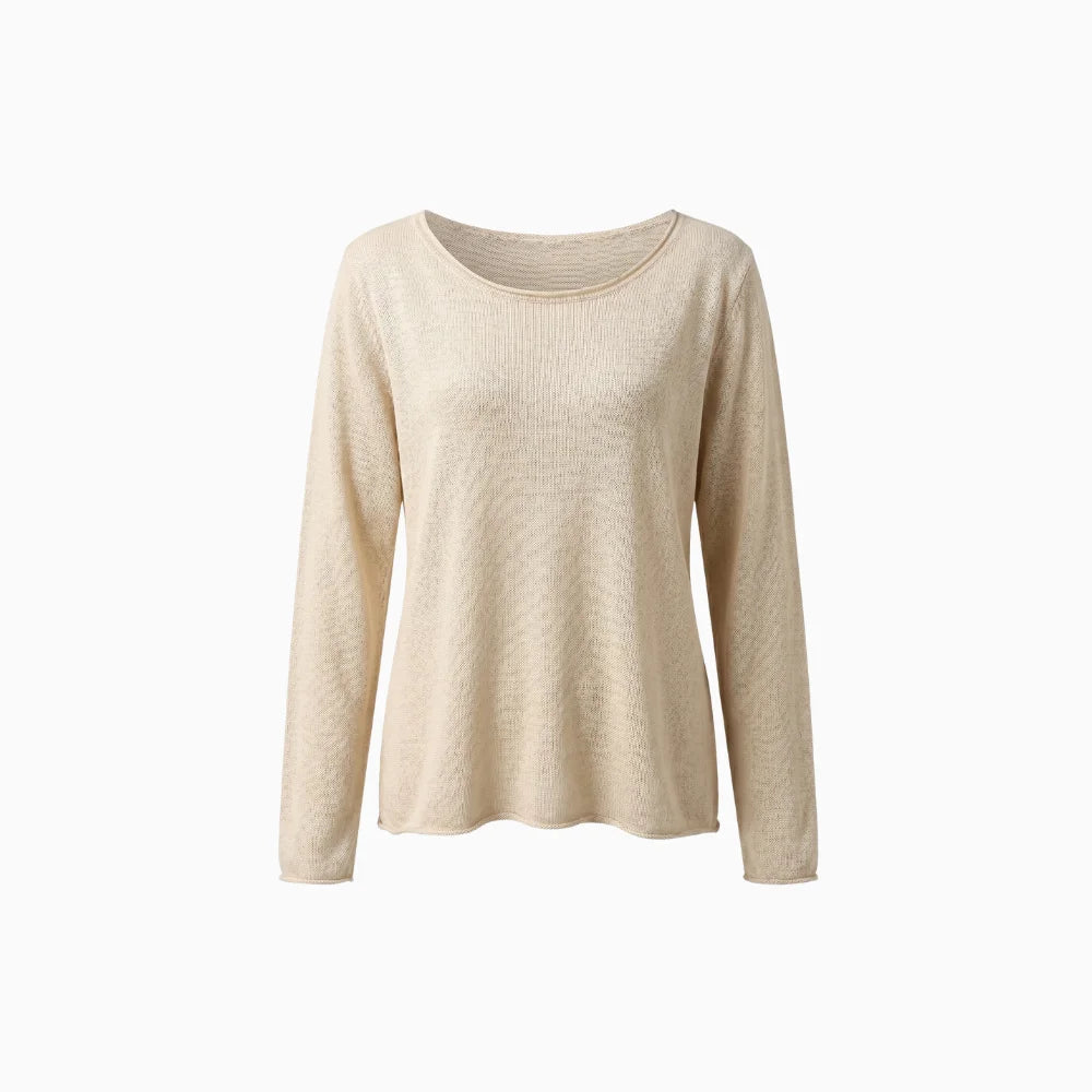 Roséa | Women's Lightweight Pullover Jumper Soft Relaxed Fit Round Neck Cosy Casual Sweater-Women's Long Sleeve Tops-Beige-S-