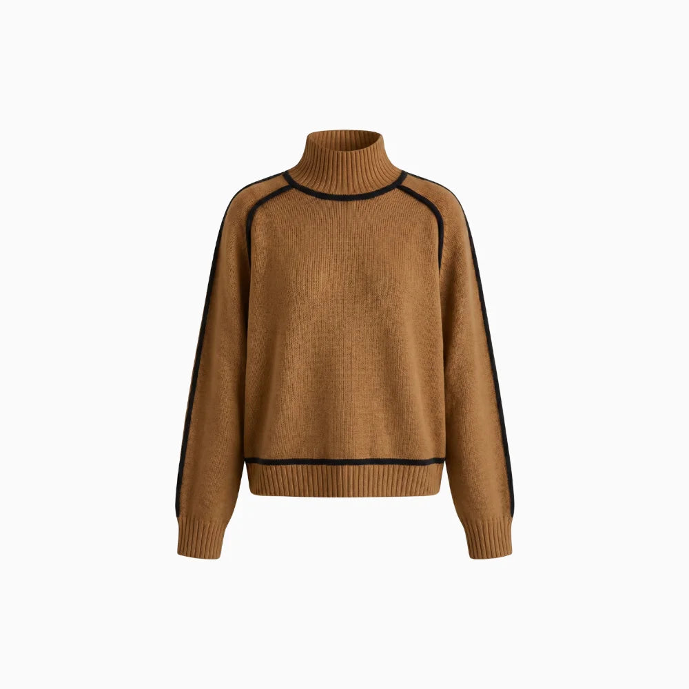 Velina | Women's Relaxed Knit Turtleneck Skivvy Jumper Ribbed Contrast Piping Cosy Pullover-Women's Sweater-Brown-XS-