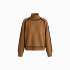 Velina | Women's Relaxed Knit Turtleneck Skivvy Jumper Ribbed Contrast Piping Cosy Pullover-Women's Sweater-Brown-XS-