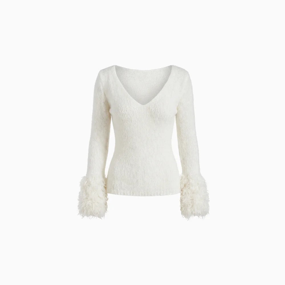 Fioré | V Neck Jumper for Women - Slim Fit White Cuffs Knit Elegant Cosy Fit-Women's V-Neck Sweater-White-XS-Camoufit