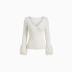 Fioré | V Neck Jumper for Women - Slim Fit White Cuffs Knit Elegant Cosy Fit-Women's V-Neck Sweater-White-XS-Camoufit