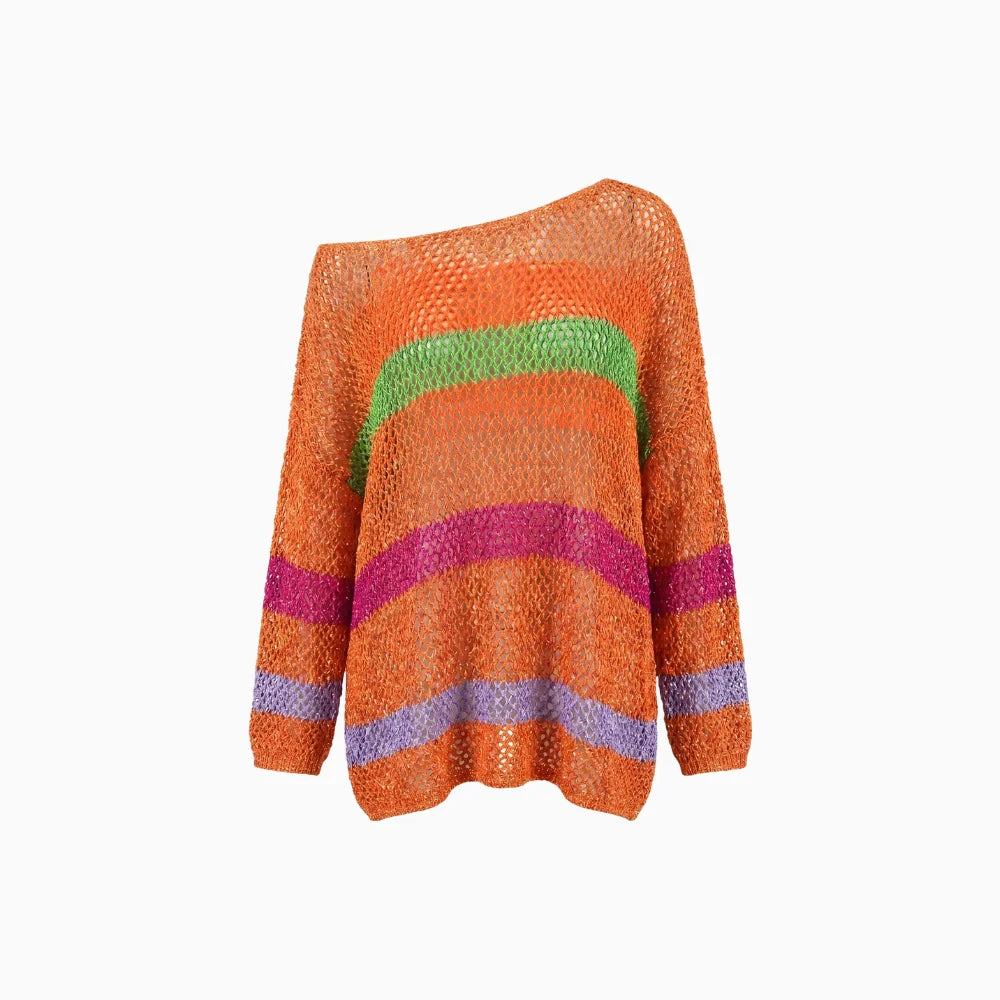 Yavina | Women's Hollow Out Beach Cover Up Rainbow Knit Long Sleeve Loose Cossie Kaftan Top-Women's Sweater-Orange-S-