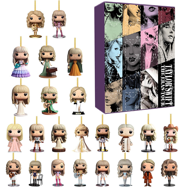 Pop star charm advent calendar with hanging 2D character figures and purple-themed box