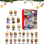 Assorted hanging pop star 2D charm figures with a red advent calendar box