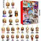 Pop star 2D charm figures on strings beside a red numbered advent calendar