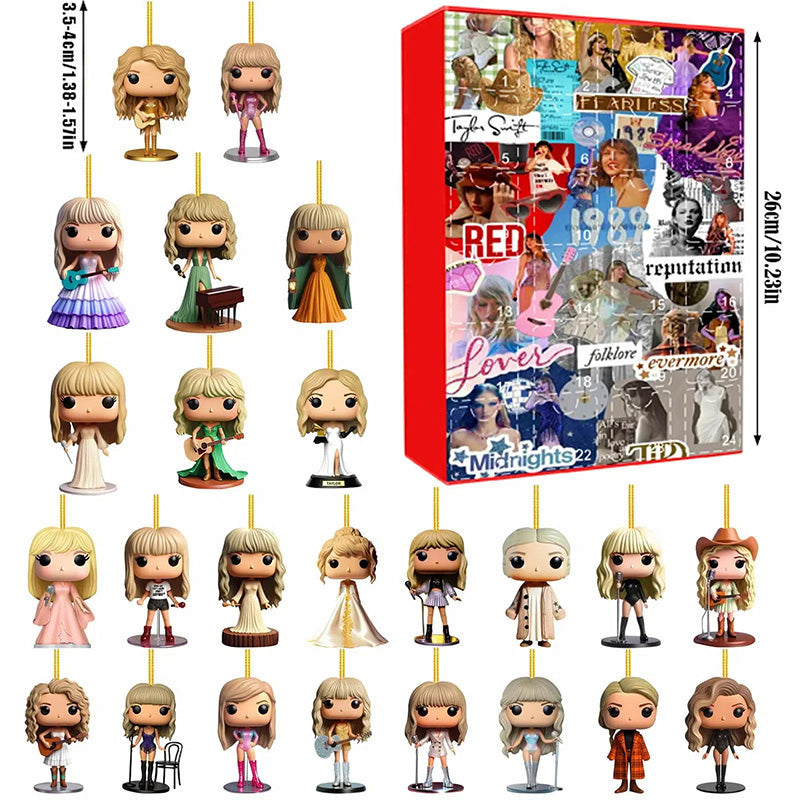 Pop star 2D charm figures on strings beside a red numbered advent calendar