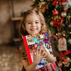 Child holding a red pop star charm advent calendar with numbered window grid