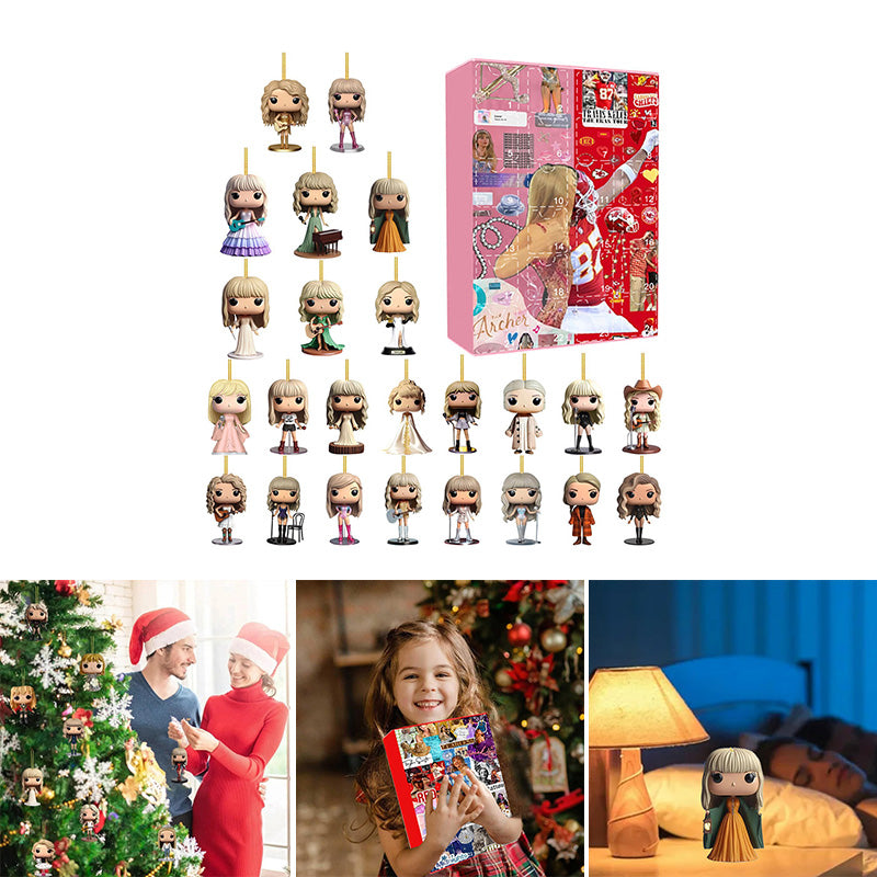 Pop star 2D charm figures with hanging strings and red advent calendar box