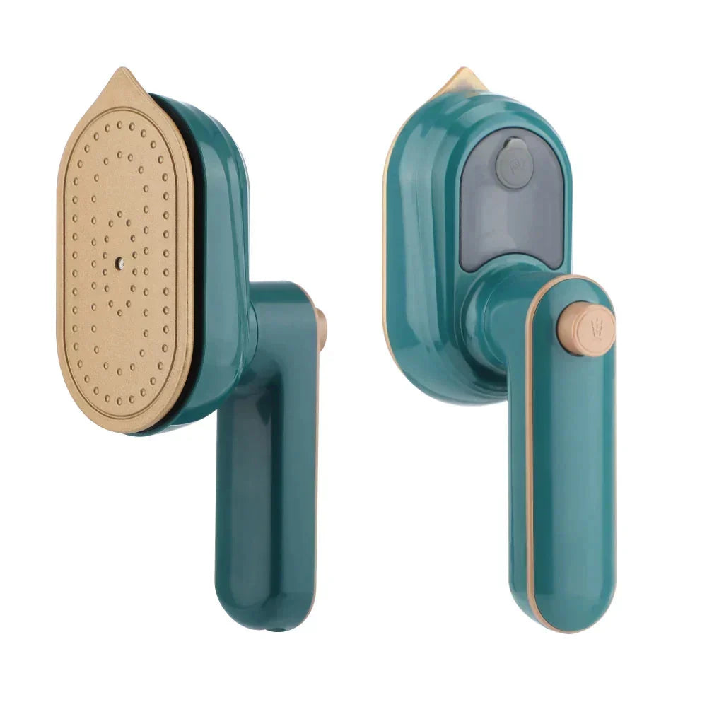 Green steam iron showing soleplate and handle, front and side views