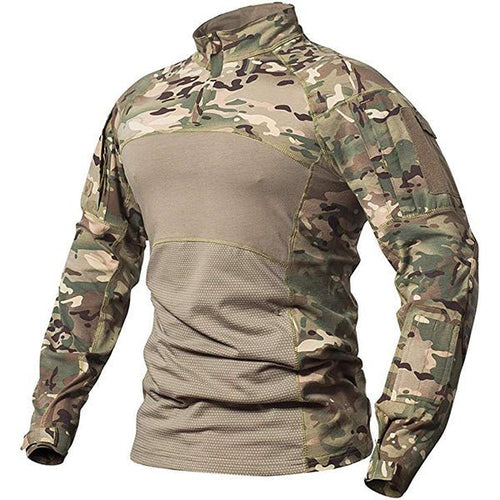 Alvian | Tactical Combat Shirt for Men - Long Sleeve Zip Elbow Padded Cotton Flexible Fit-Tactical Top-Camouflage-S-Camoufit
