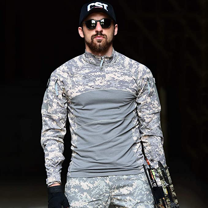 Alvian | Tactical Combat Shirt for Men - Long Sleeve Zip Elbow Padded Cotton Flexible Fit-Tactical Top-Camouflage-S-Camoufit