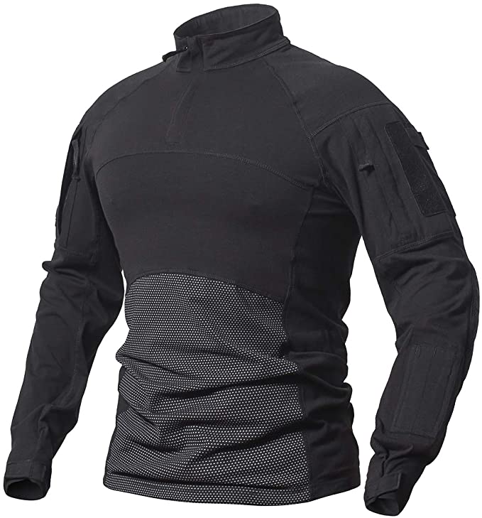 Alvian | Tactical Combat Shirt for Men - Long Sleeve Zip Elbow Padded Cotton Flexible Fit-Tactical Top-Black-S-Camoufit