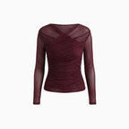 Solenne | Women's Sheer Mesh Top with Long Sleeves Ruched Detail Fitted Romantic Going Out Top-Women's Long Sleeve Tops-Wine Red-S-