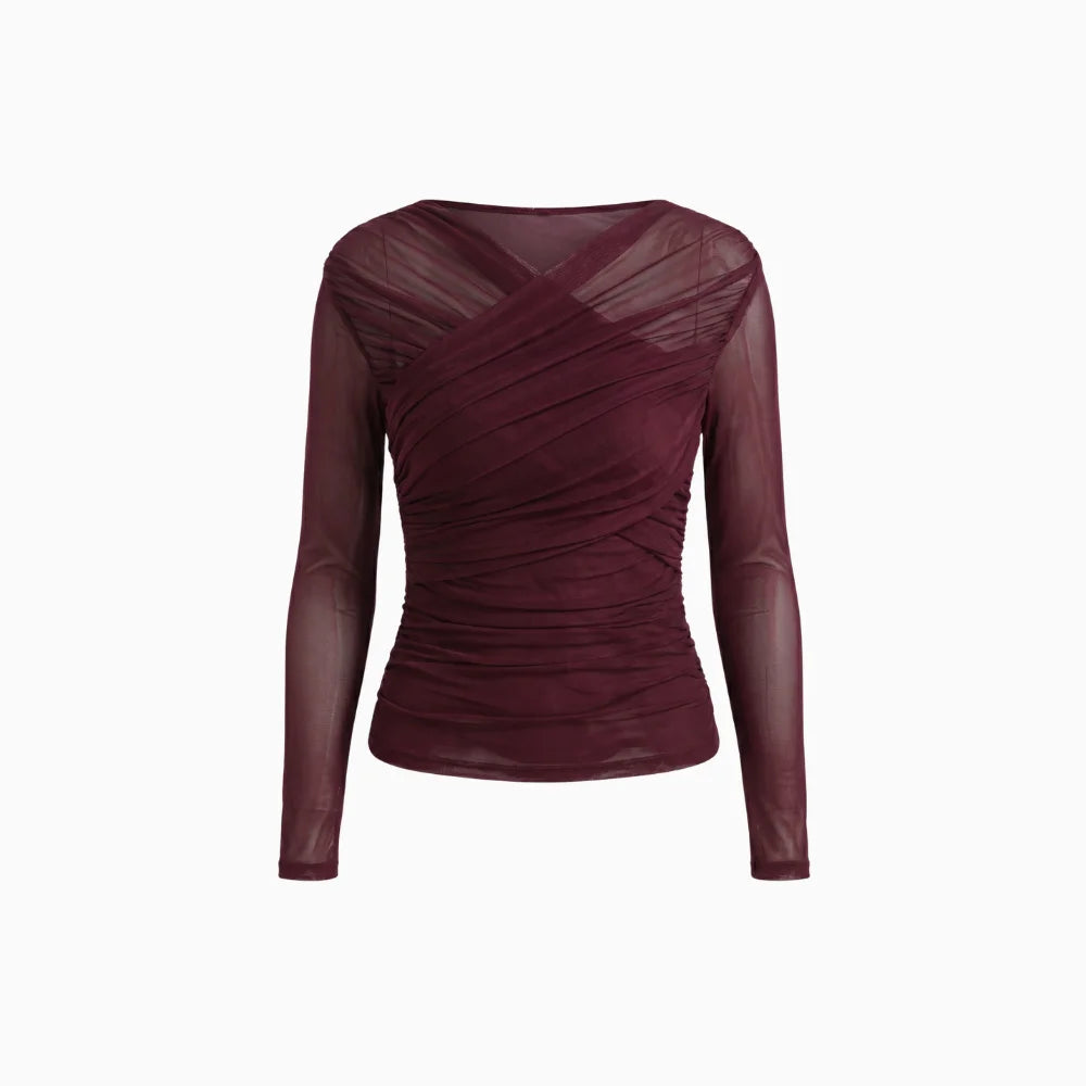 Solenne | Women's Sheer Mesh Top with Long Sleeves Ruched Detail Fitted Romantic Going Out Top-Women's Long Sleeve Tops-Wine Red-S-