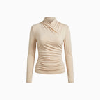 Vionelle | Women's Draped Crossover Top Long Sleeve Fitted Silky Stretch Elegant Going Out Top-Women's Long Sleeve Tops-Beige-S-