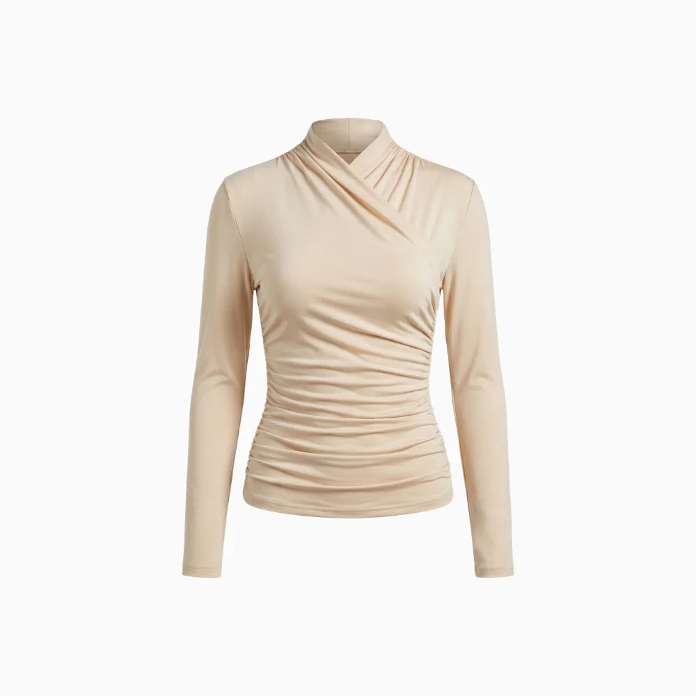 Vionelle | Women's Draped Crossover Top Long Sleeve Fitted Silky Stretch Elegant Going Out Top-Women's Long Sleeve Tops-Beige-S-