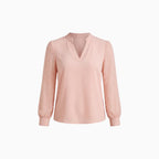 Vayelle | Long Sleeve Blouse for Women - V Neck Textured Button Cuff Regular Elegant Fit-Women's Blouse-Pink-S-Camoufit