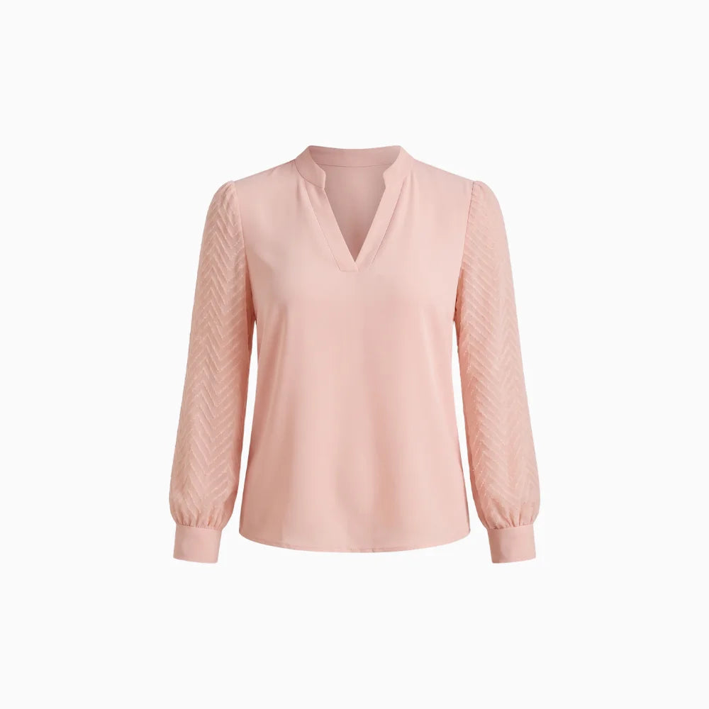 Vayelle | Long Sleeve Blouse for Women - V Neck Textured Button Cuff Regular Elegant Fit-Women's Blouse-Pink-S-Camoufit
